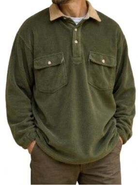 Orvis XL Olive Green Fleece Pullover Corduroy Collar Outdoor Shirt Jacket